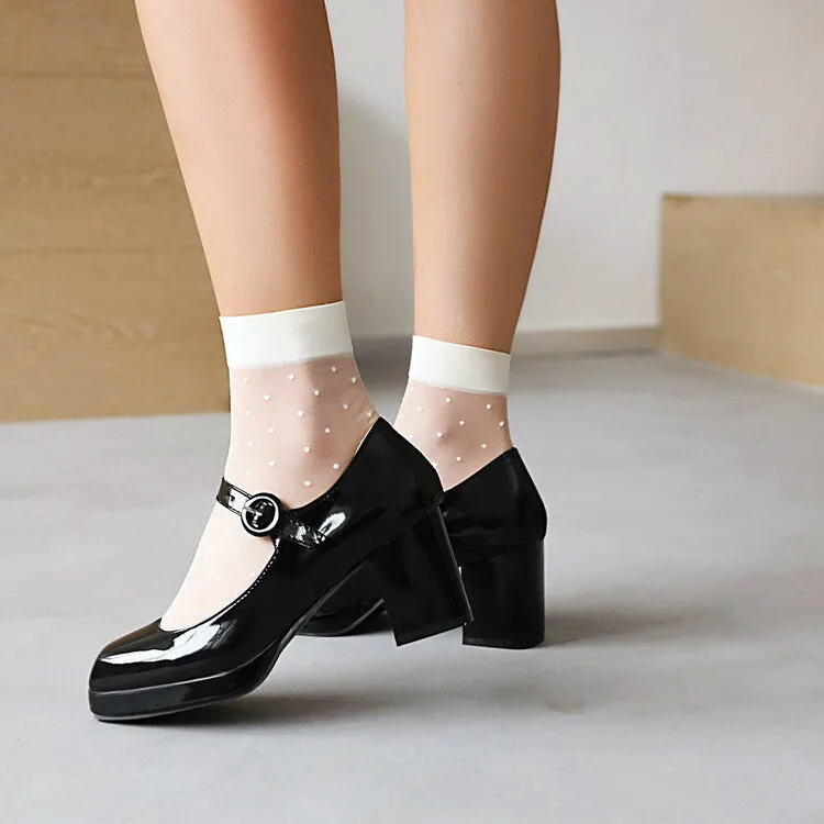 Women's Platform Pumps Glossy Mary Janes Buckle Straps Block Chunky Heel