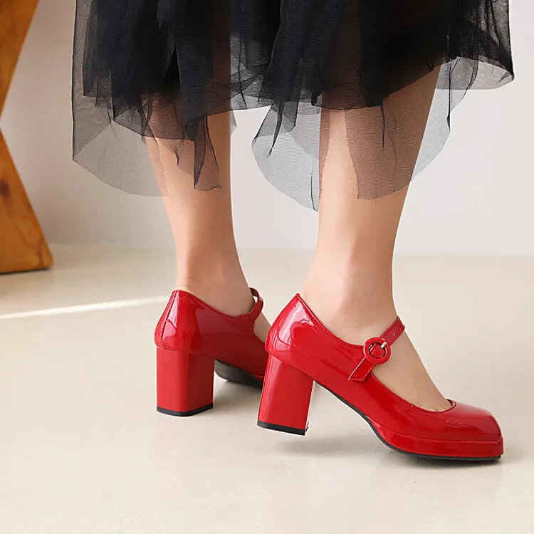 Women's Platform Pumps Glossy Mary Janes Buckle Straps Block Chunky Heel