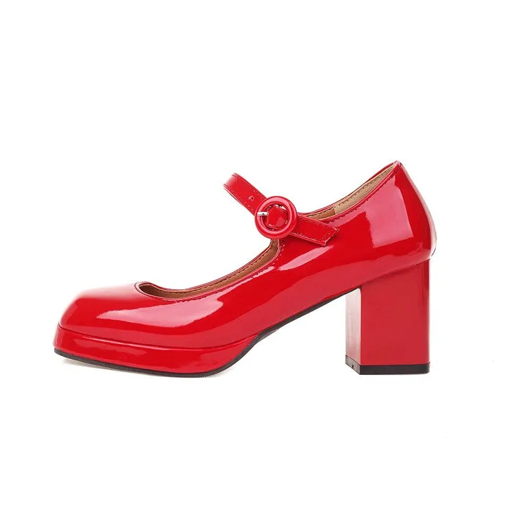 Women's Platform Pumps Glossy Mary Janes Buckle Straps Block Chunky Heel