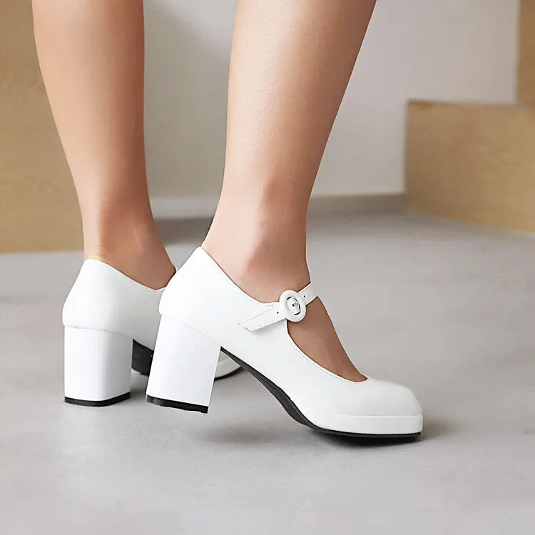 Women's Platform Pumps Glossy Mary Janes Buckle Straps Block Chunky Heel