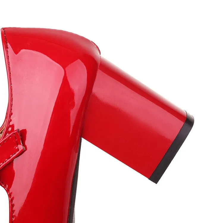 Women's Platform Pumps Glossy Mary Janes Buckle Straps Block Chunky Heel