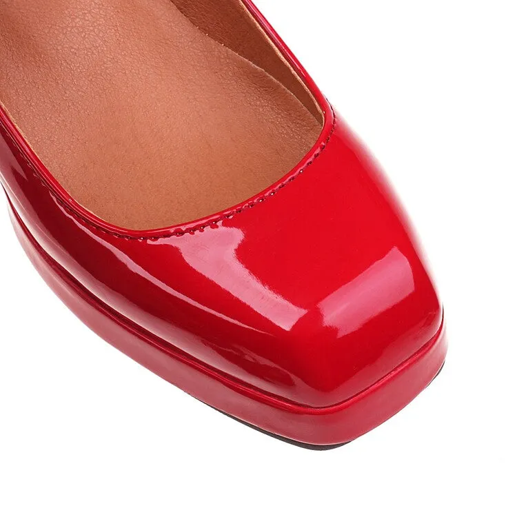 Women's Platform Pumps Glossy Mary Janes Buckle Straps Block Chunky Heel