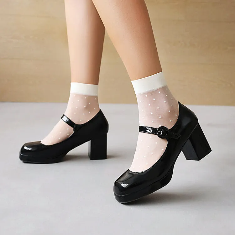 Women's Platform Pumps Glossy Mary Janes Buckle Straps Block Chunky Heel