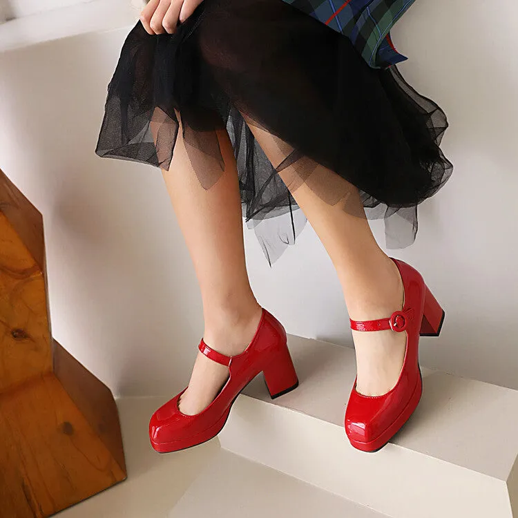 Women's Platform Pumps Glossy Mary Janes Buckle Straps Block Chunky Heel