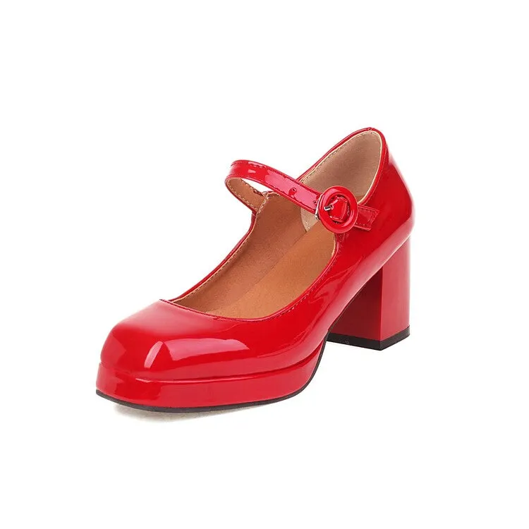Women's Platform Pumps Glossy Mary Janes Buckle Straps Block Chunky Heel