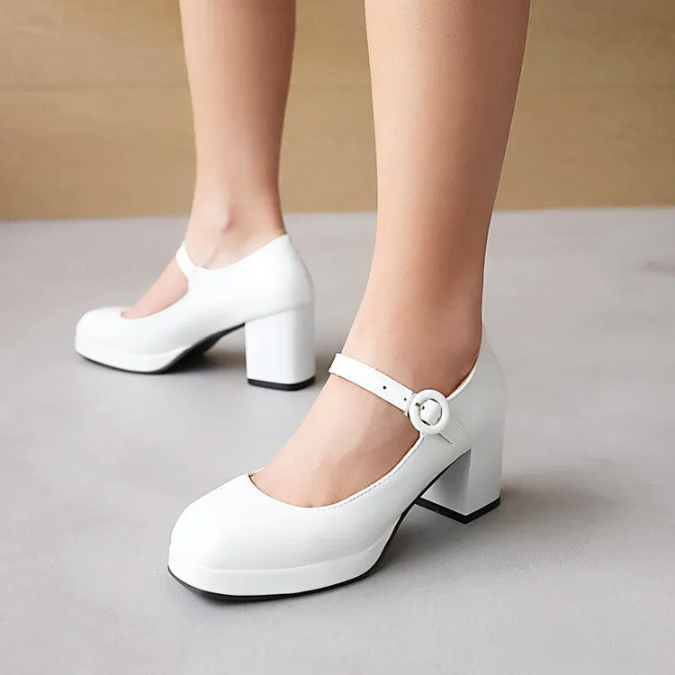 Women's Platform Pumps Glossy Mary Janes Buckle Straps Block Chunky Heel