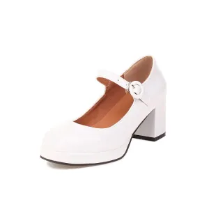 Women's Platform Pumps Glossy Mary Janes Buckle Straps Block Chunky Heel