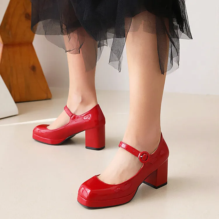 Women's Platform Pumps Glossy Mary Janes Buckle Straps Block Chunky Heel