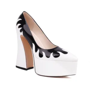 Women's Pointed Toe Bicolor Shallow Spool Heel Platform Pumps