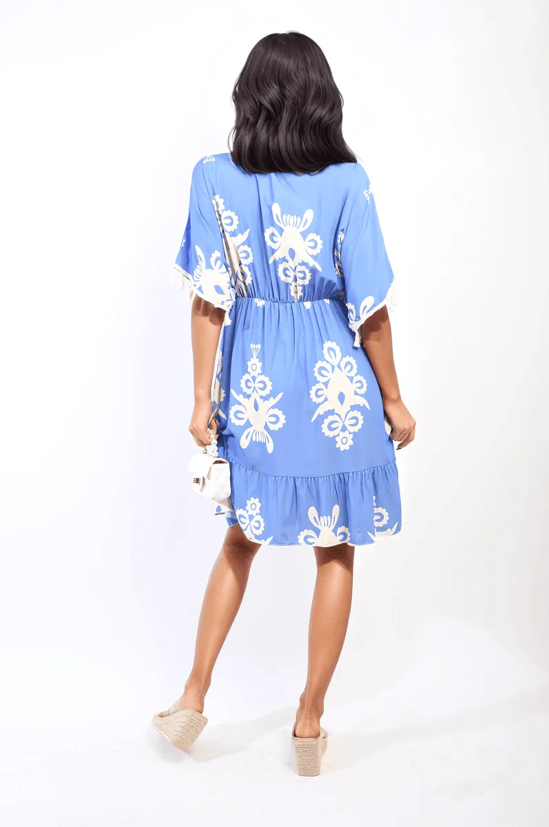 Womens Printed V-Neck Short Sleeve Midi Dress with Tassel Detail