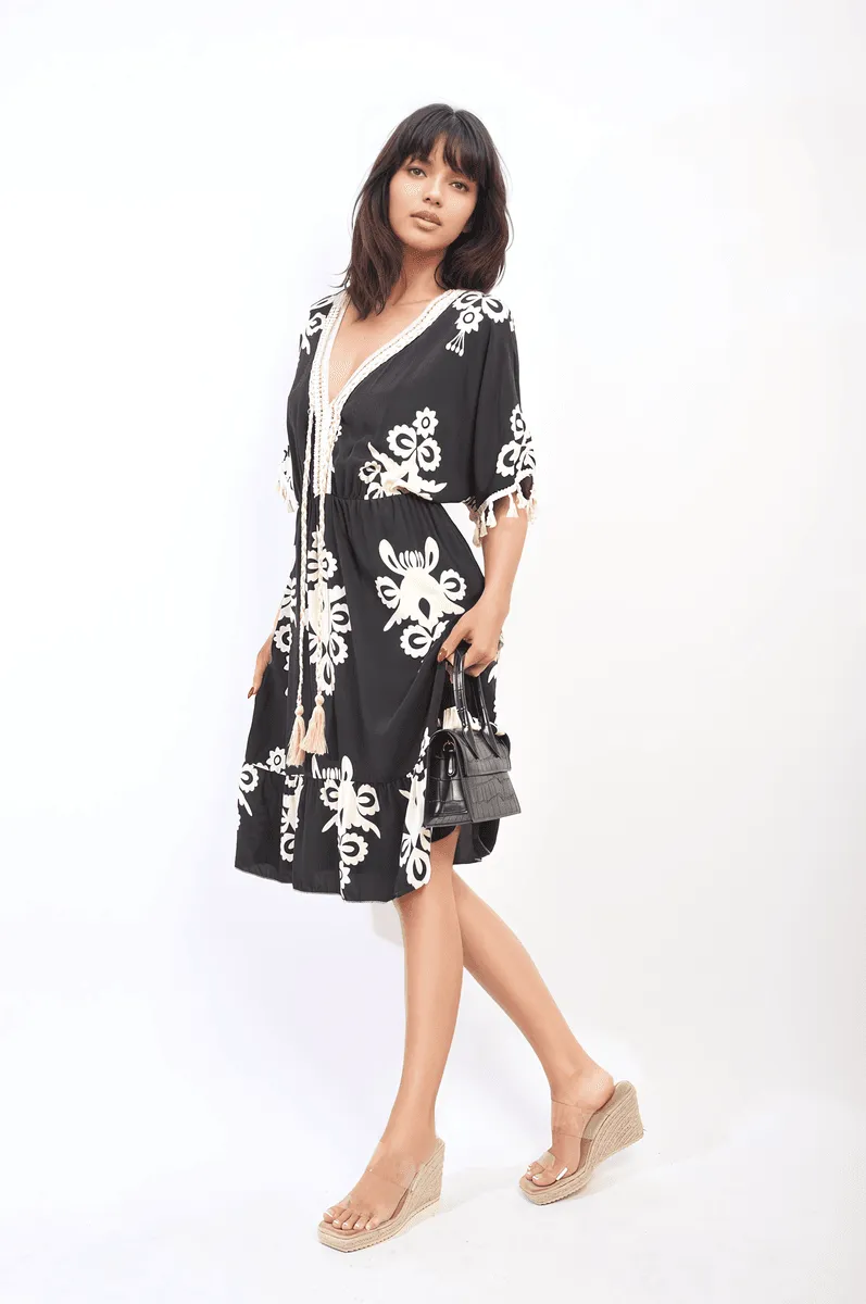 Womens Printed V-Neck Short Sleeve Midi Dress with Tassel Detail