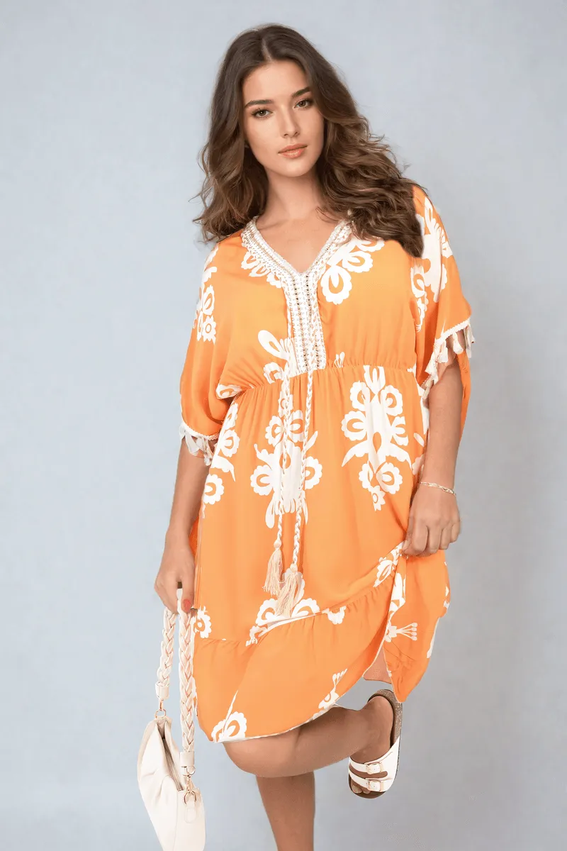 Womens Printed V-Neck Short Sleeve Midi Dress with Tassel Detail