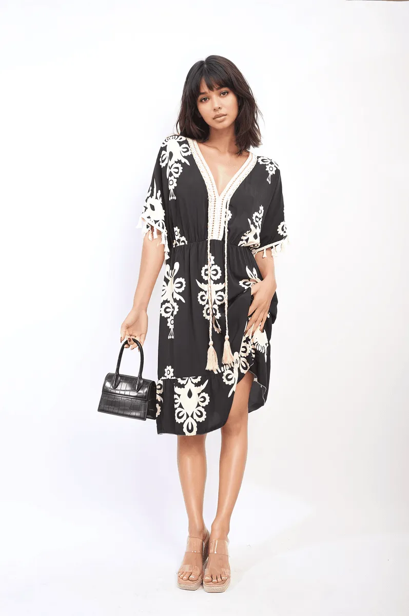 Womens Printed V-Neck Short Sleeve Midi Dress with Tassel Detail