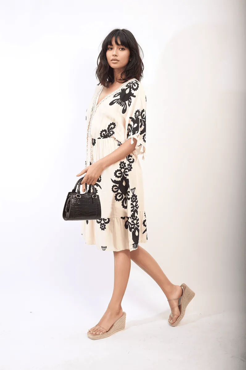 Womens Printed V-Neck Short Sleeve Midi Dress with Tassel Detail