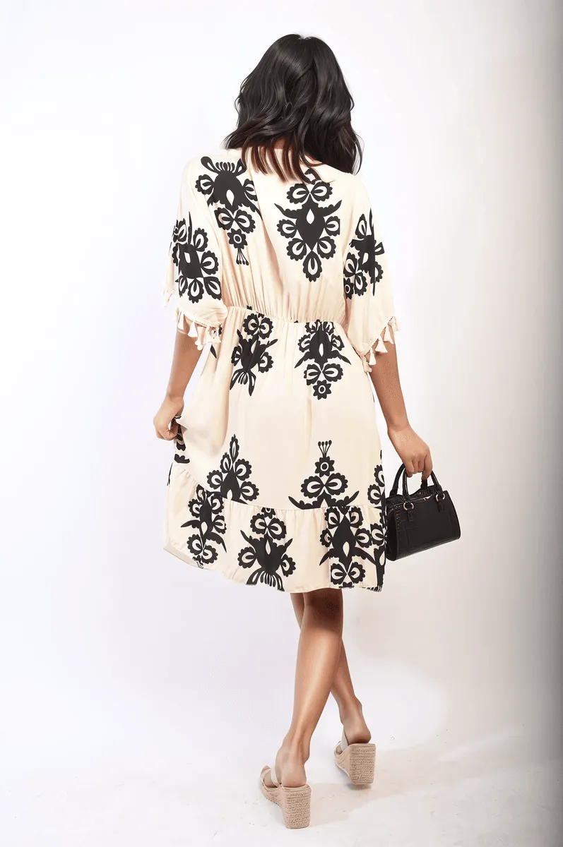 Womens Printed V-Neck Short Sleeve Midi Dress with Tassel Detail