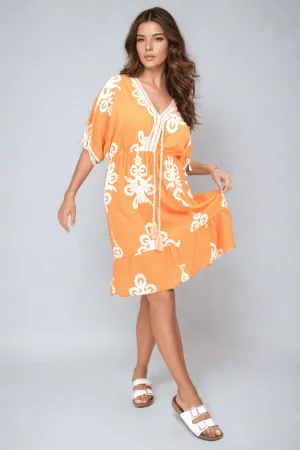 Womens Printed V-Neck Short Sleeve Midi Dress with Tassel Detail