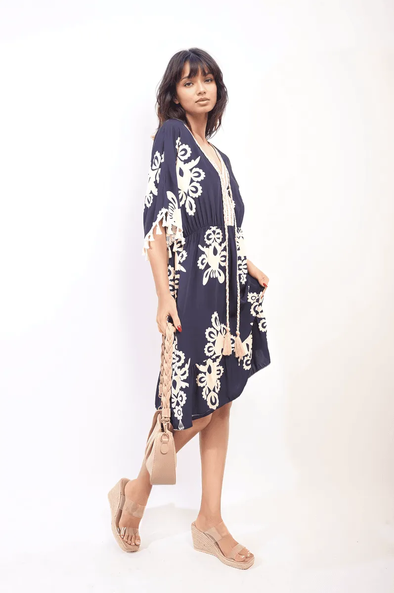 Womens Printed V-Neck Short Sleeve Midi Dress with Tassel Detail