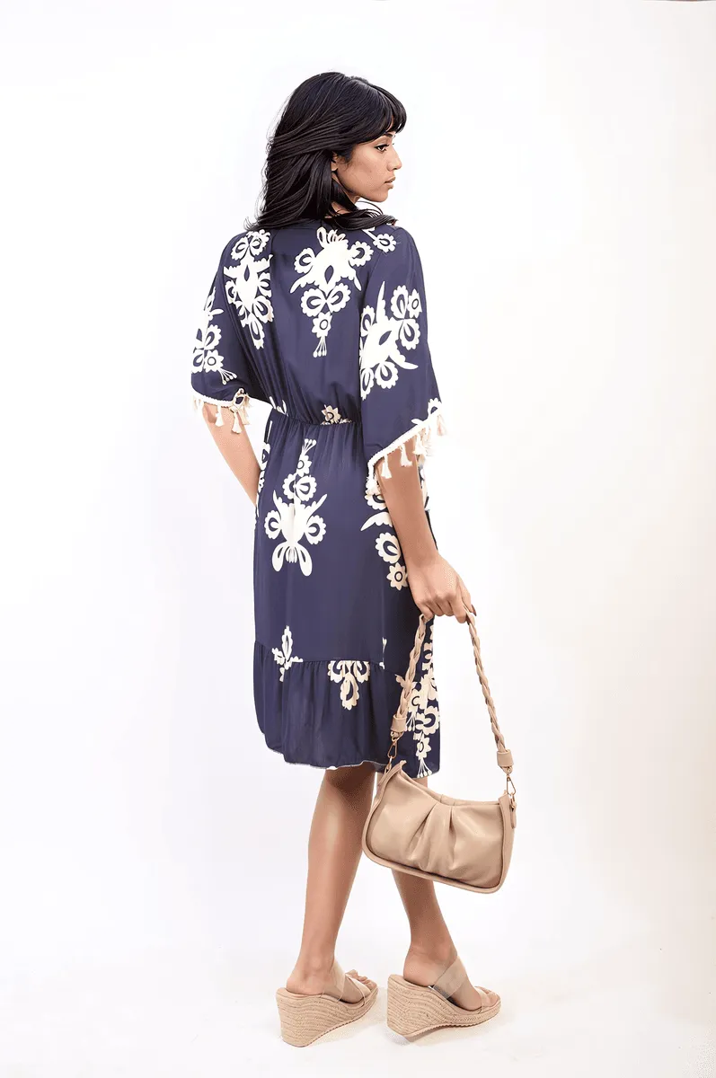 Womens Printed V-Neck Short Sleeve Midi Dress with Tassel Detail