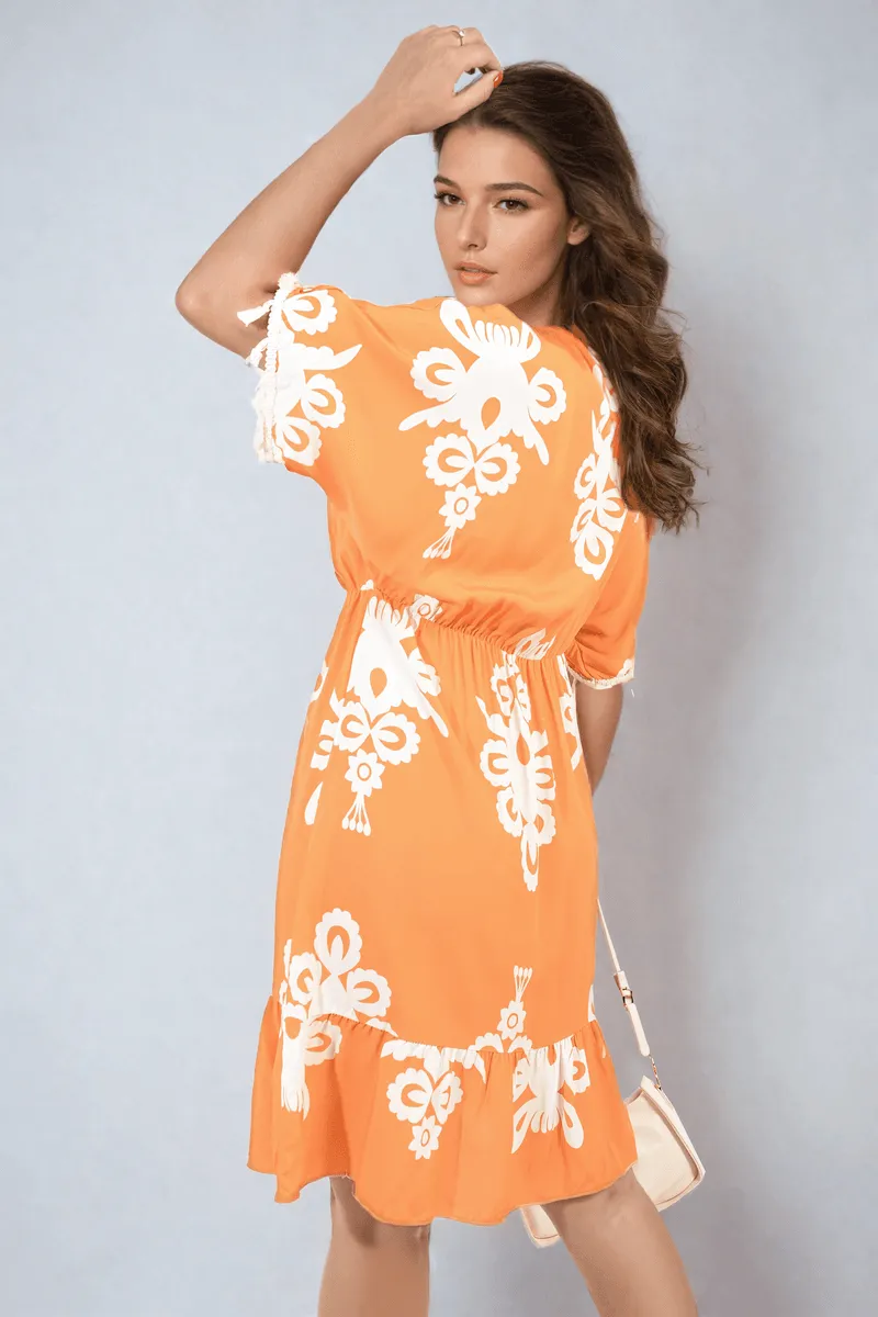 Womens Printed V-Neck Short Sleeve Midi Dress with Tassel Detail