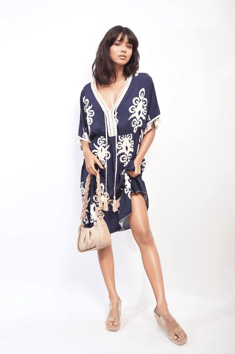 Womens Printed V-Neck Short Sleeve Midi Dress with Tassel Detail