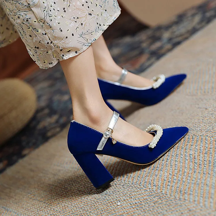 Women's Pumps Pointed Toe Pearls Beading Ankle Strap Chunky Heel Wedding Shoes