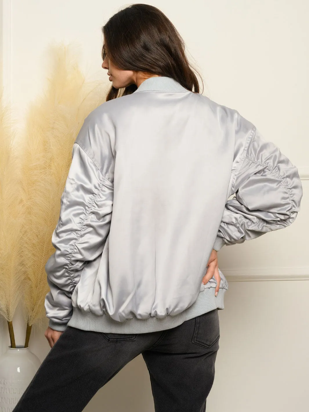 WOMEN'S RUCHED LONG SLEEVE BOMBER JACKET