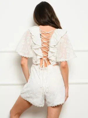 WOMEN'S RUFFLE LACE UP BACK ROMPER
