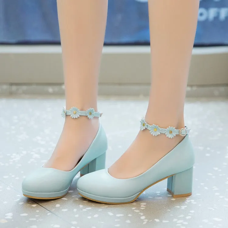 Women's Shallow Sunflower Ankle Strap Block Heel Platform Pumps