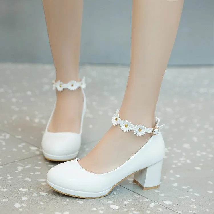 Women's Shallow Sunflower Ankle Strap Block Heel Platform Pumps