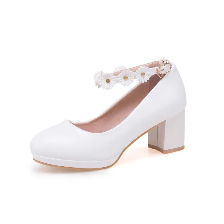 Women's Shallow Sunflower Ankle Strap Block Heel Platform Pumps
