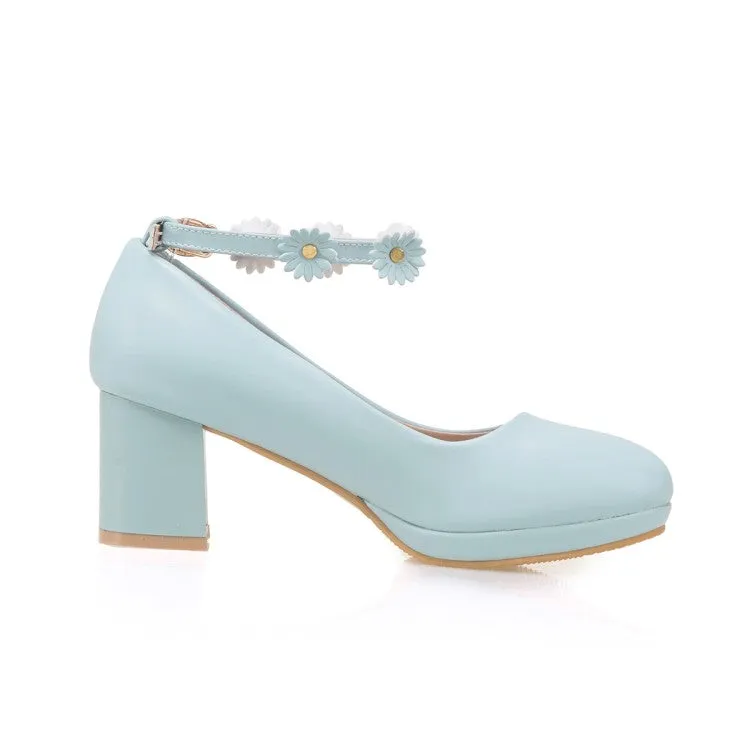 Women's Shallow Sunflower Ankle Strap Block Heel Platform Pumps