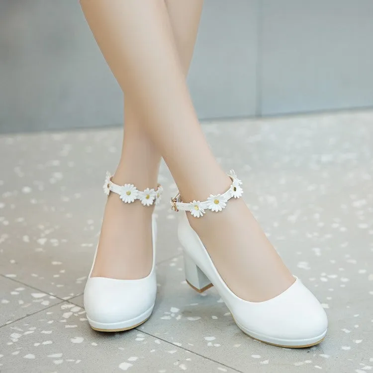 Women's Shallow Sunflower Ankle Strap Block Heel Platform Pumps