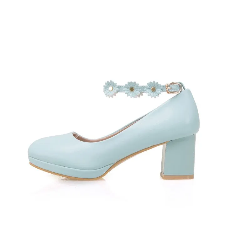 Women's Shallow Sunflower Ankle Strap Block Heel Platform Pumps