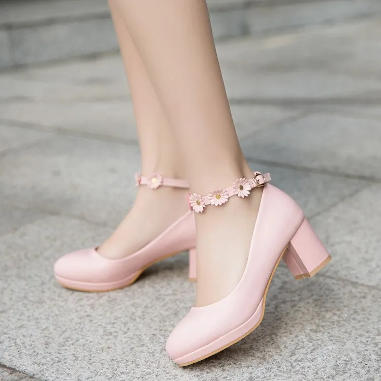 Women's Shallow Sunflower Ankle Strap Block Heel Platform Pumps