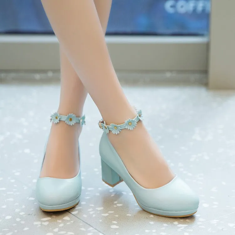 Women's Shallow Sunflower Ankle Strap Block Heel Platform Pumps