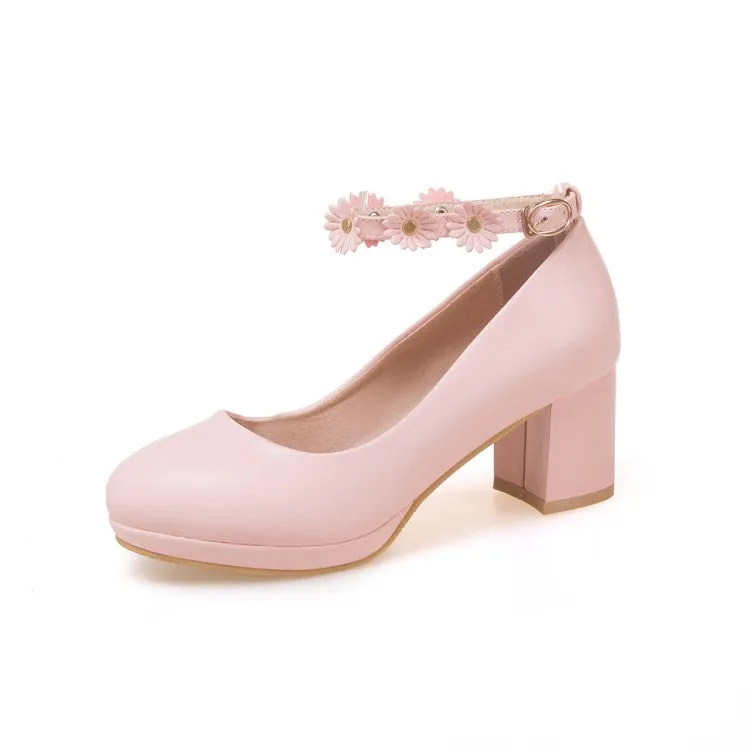 Women's Shallow Sunflower Ankle Strap Block Heel Platform Pumps