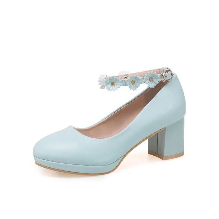 Women's Shallow Sunflower Ankle Strap Block Heel Platform Pumps
