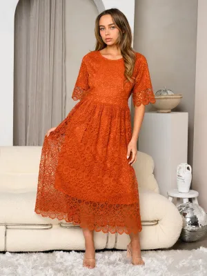 WOMEN'S SHORT SLEEVE EYELET DETAILED MIDI DRESS