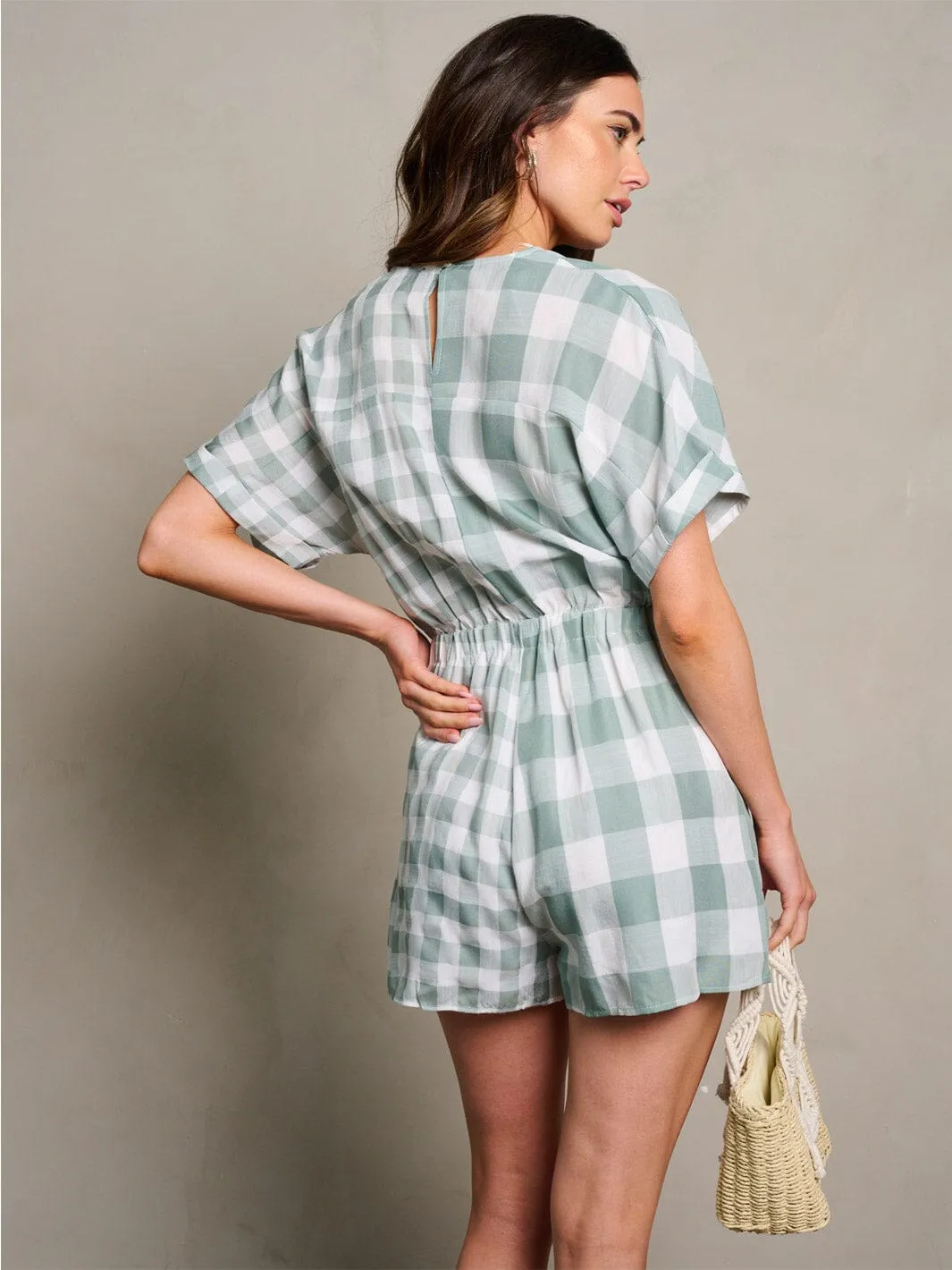 WOMEN'S SHORT SLEEVE PLAID WRAP ROMPER