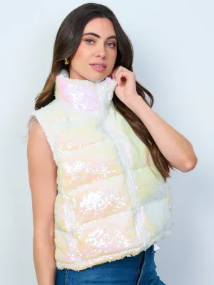 WOMEN'S SLEEVELESS ZIP UP FRONT POCKETS SEQUINS PUFFER VEST