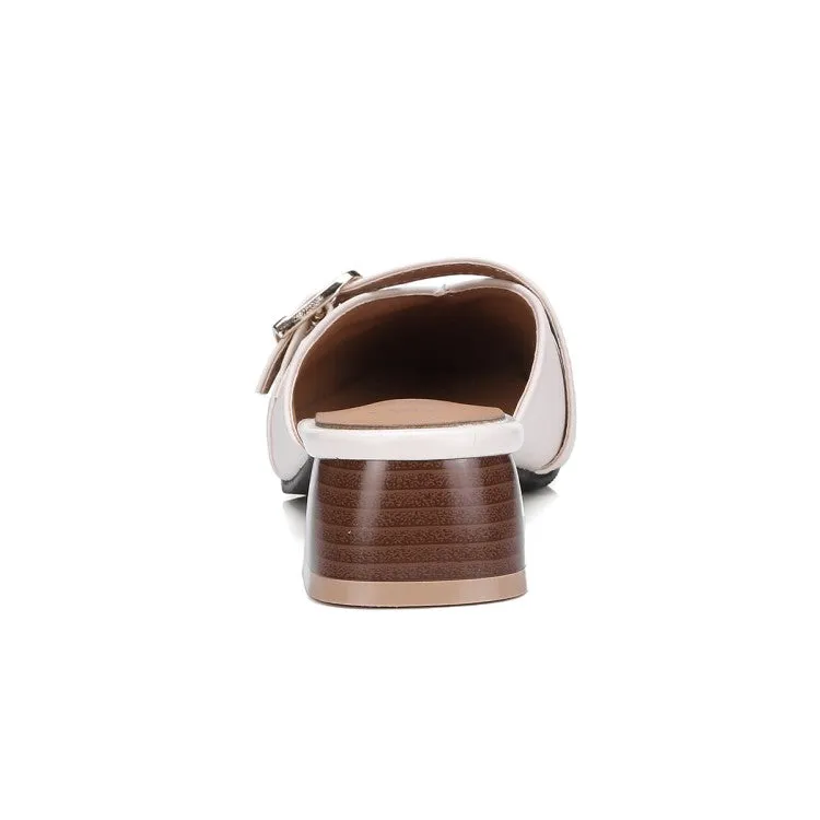 Women's Square Toe Buckle Straps Block Heel Slides Slip On Sandals