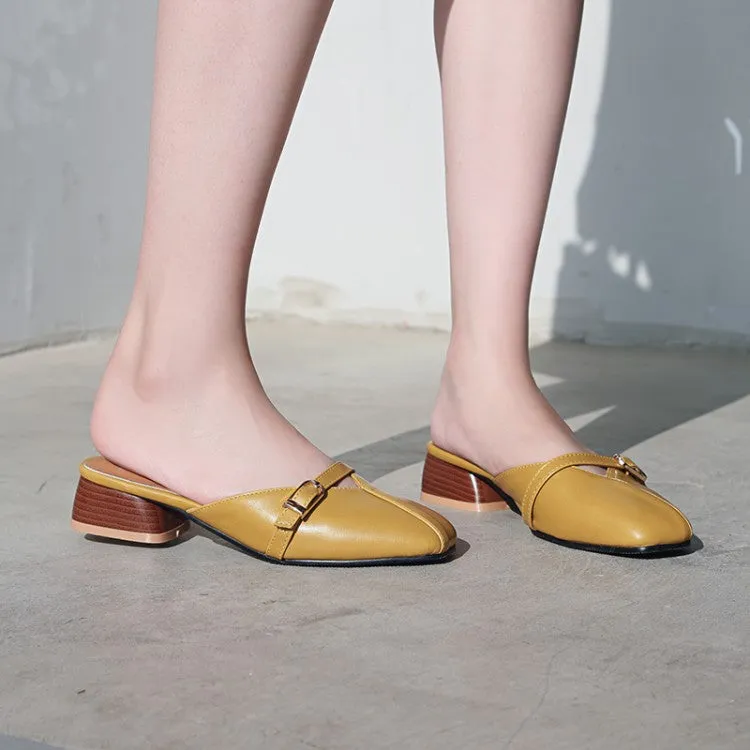 Women's Square Toe Buckle Straps Block Heel Slides Slip On Sandals
