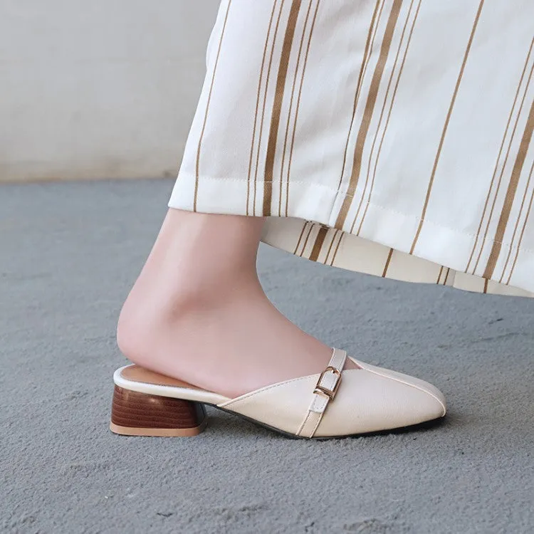 Women's Square Toe Buckle Straps Block Heel Slides Slip On Sandals