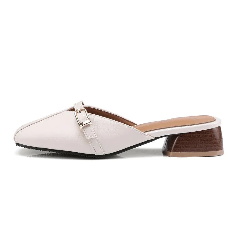 Women's Square Toe Buckle Straps Block Heel Slides Slip On Sandals