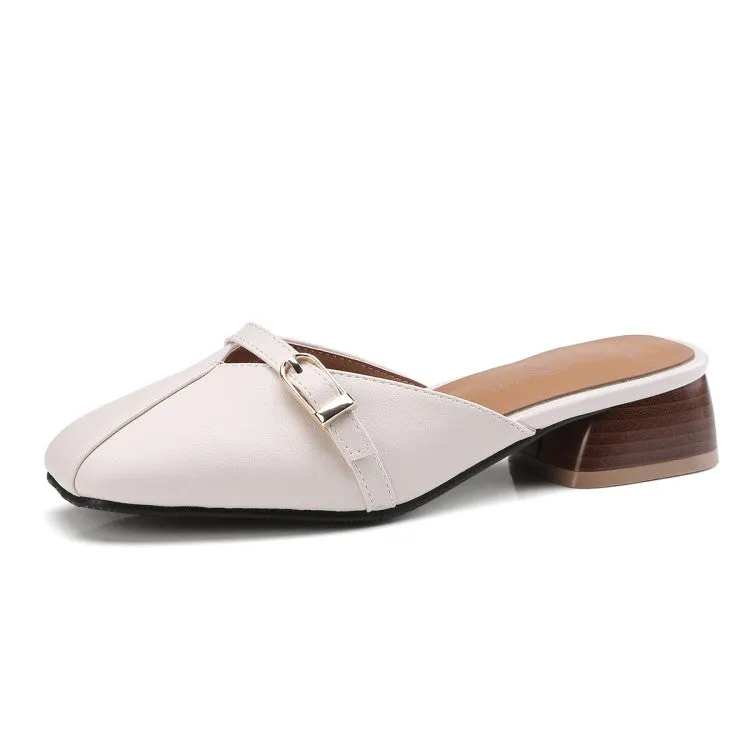 Women's Square Toe Buckle Straps Block Heel Slides Slip On Sandals