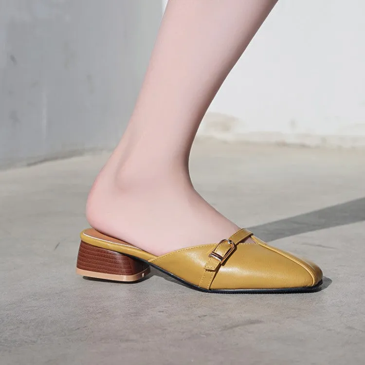 Women's Square Toe Buckle Straps Block Heel Slides Slip On Sandals