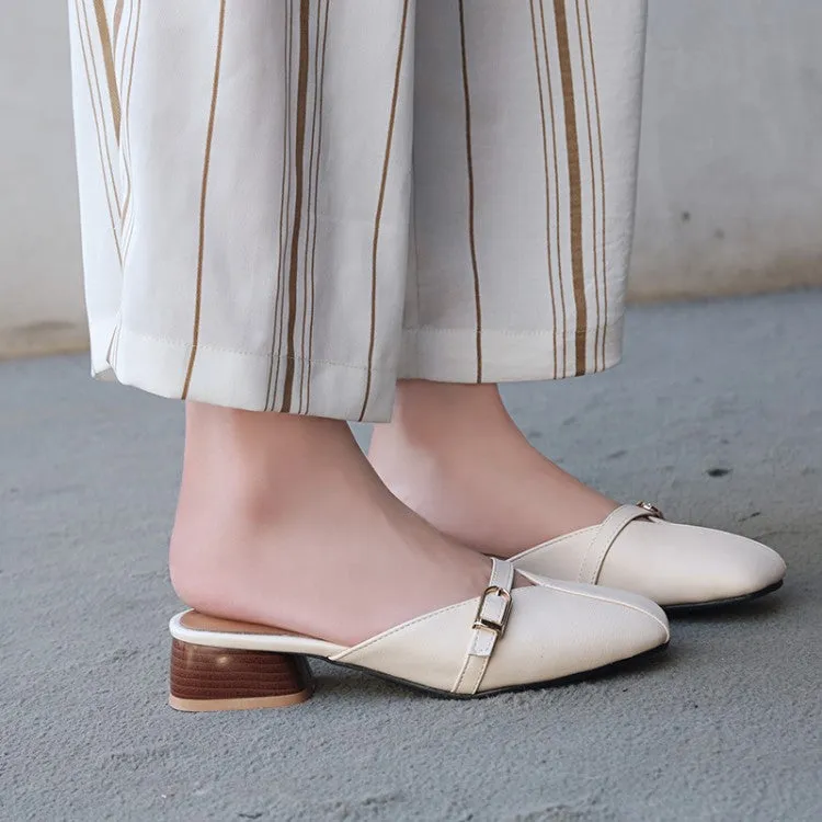 Women's Square Toe Buckle Straps Block Heel Slides Slip On Sandals