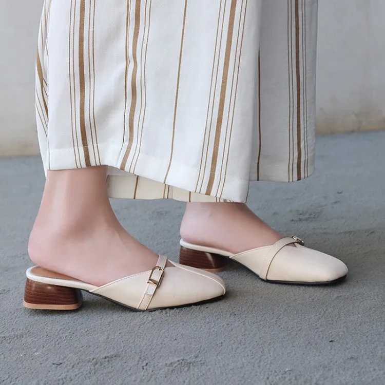 Women's Square Toe Buckle Straps Block Heel Slides Slip On Sandals