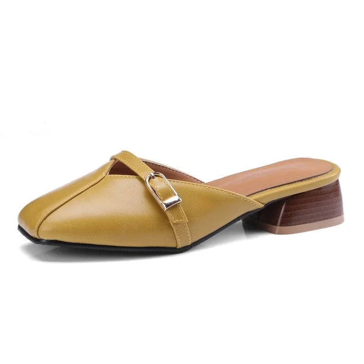 Women's Square Toe Buckle Straps Block Heel Slides Slip On Sandals