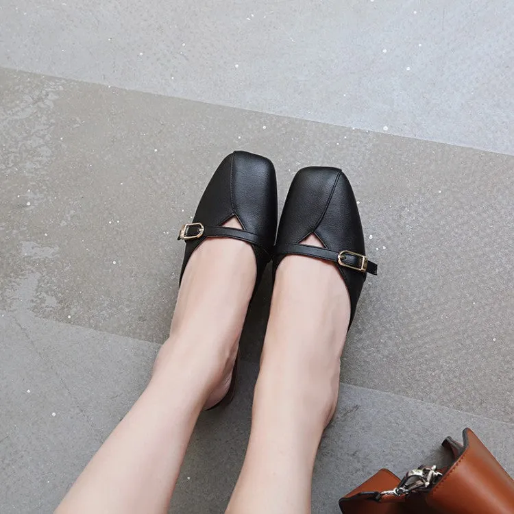 Women's Square Toe Buckle Straps Block Heel Slides Slip On Sandals